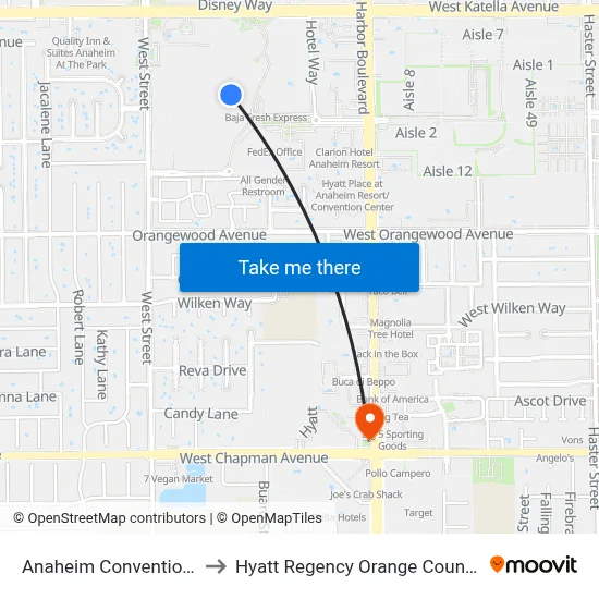 Anaheim Convention Center to Hyatt Regency Orange County Anaheim map