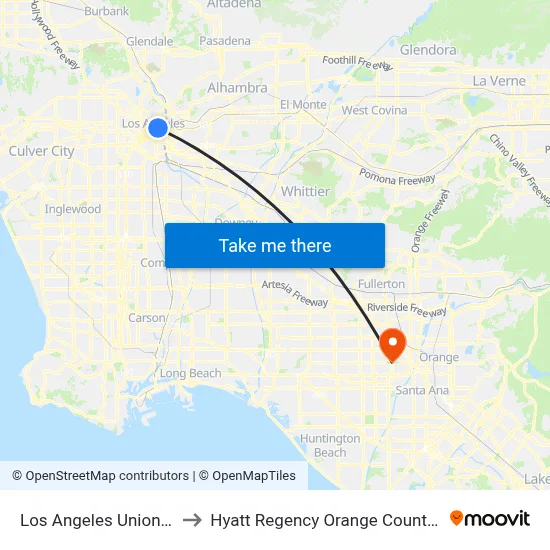 Los Angeles Union Station to Hyatt Regency Orange County Anaheim map