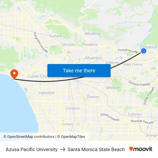 Azusa Pacific University to Santa Monica State Beach map