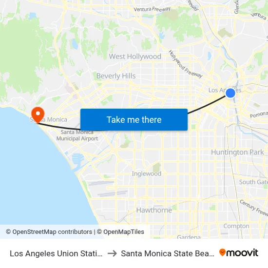 Los Angeles Union Station to Santa Monica State Beach map