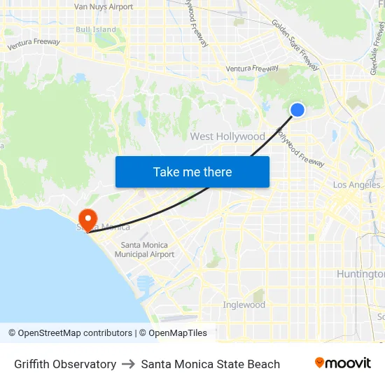 Griffith Observatory to Santa Monica State Beach map