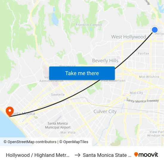 Hollywood / Highland Metro Station to Santa Monica State Beach map
