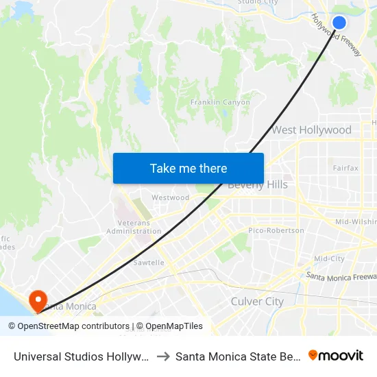Universal Studios Hollywood to Santa Monica State Beach map
