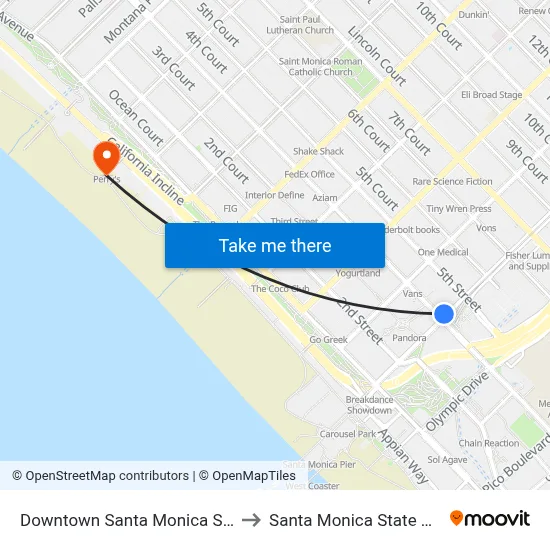 Downtown Santa Monica Station to Santa Monica State Beach map