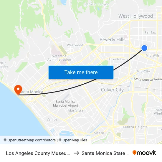 Los Angeles County Museum Of Art to Santa Monica State Beach map