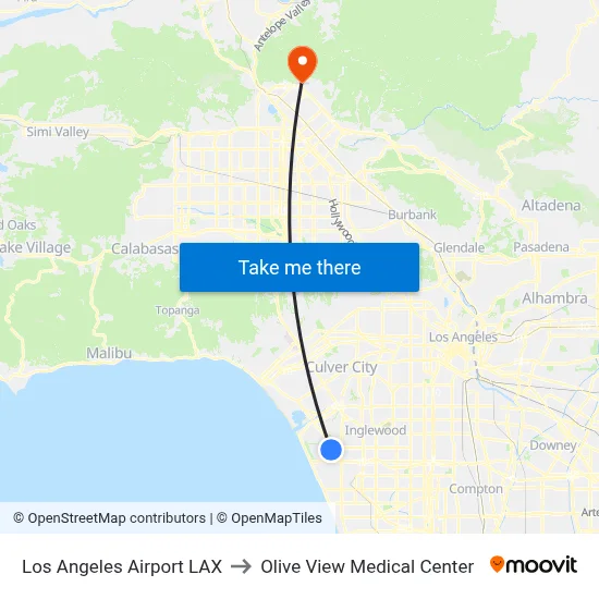 Los Angeles Airport LAX to Olive View Medical Center map