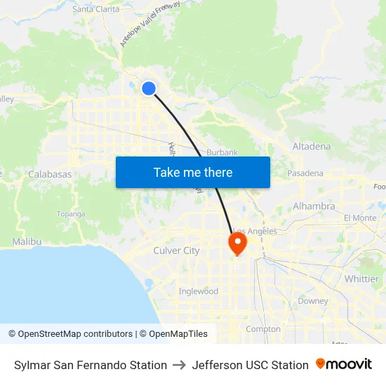 Sylmar San Fernando Station to Jefferson USC Station map