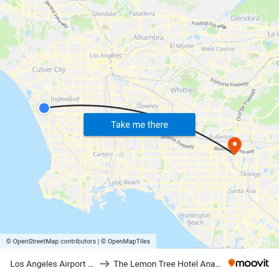 Los Angeles Airport LAX to The Lemon Tree Hotel Anaheim map