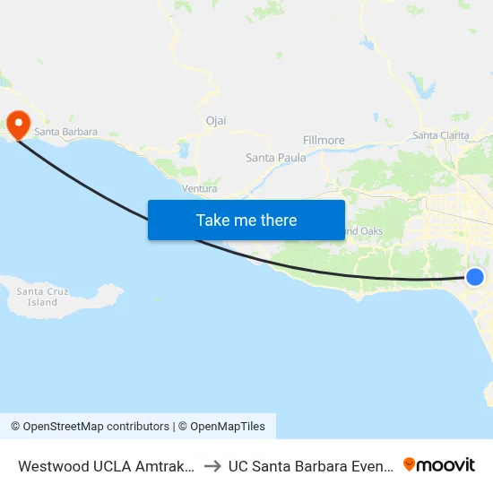 Westwood UCLA Amtrak Bus Stop to UC Santa Barbara Events Center map