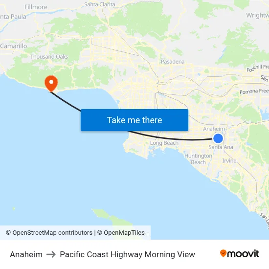 Anaheim to Pacific Coast Highway Morning View map