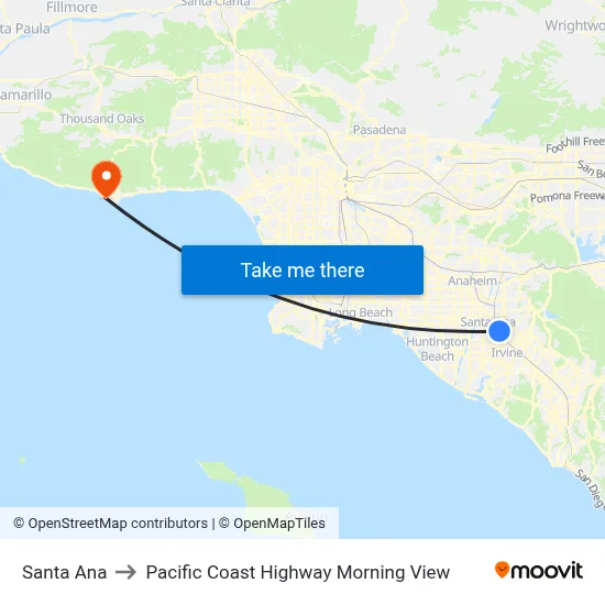 Santa Ana to Pacific Coast Highway Morning View map
