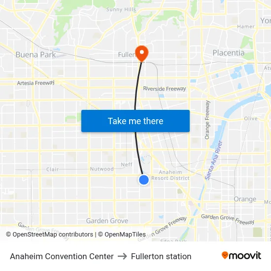Anaheim Convention Center to Fullerton station map