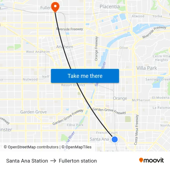 Santa Ana Station to Fullerton station map