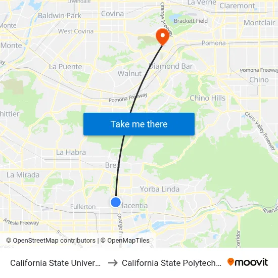 California State University Fullerton to California State Polytechnic University map