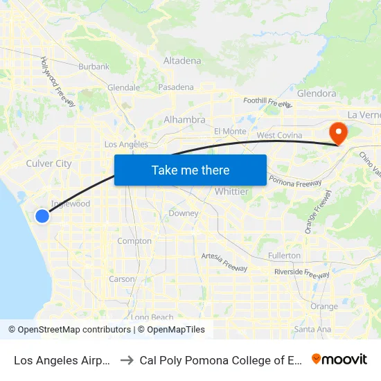 Los Angeles Airport LAX to Cal Poly Pomona College of Engineering map