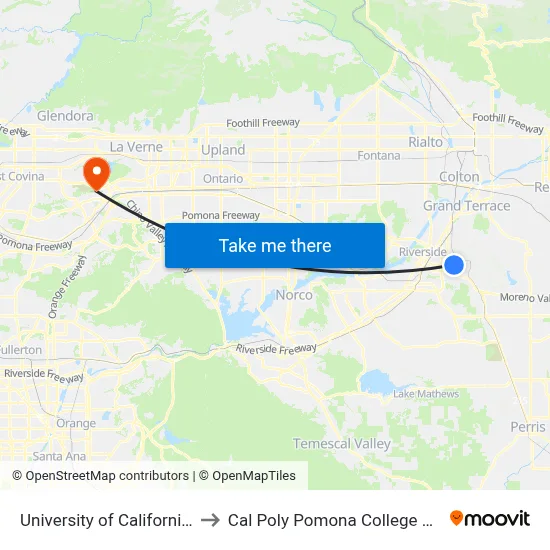 University of California-Riverside to Cal Poly Pomona College of Engineering map