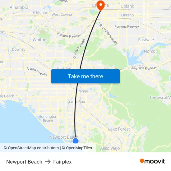 Newport Beach to Fairplex map