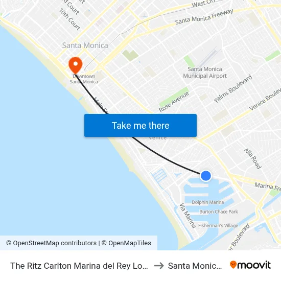The Ritz Carlton Marina del Rey Los Angeles to Santa Monica Pier map