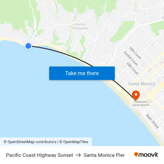 Pacific Coast Highway Sunset to Santa Monica Pier map