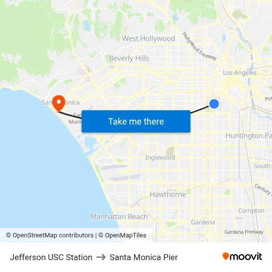 Jefferson USC Station to Santa Monica Pier map