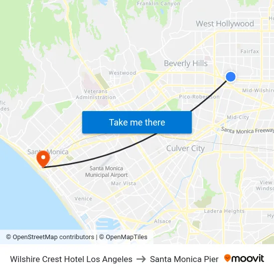 Wilshire Crest Hotel Los Angeles to Santa Monica Pier map