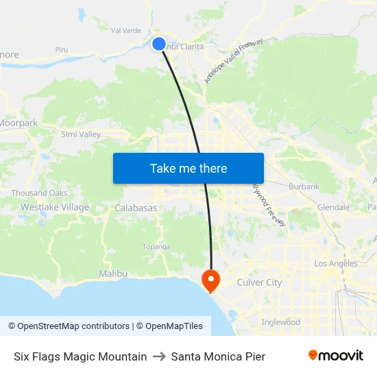 Six Flags Magic Mountain to Santa Monica Pier map