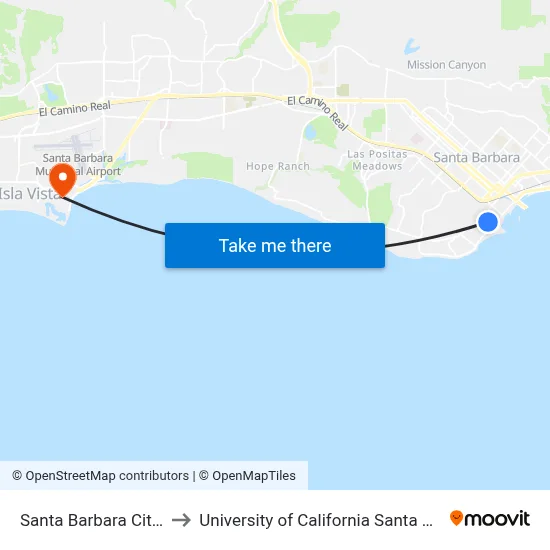 Santa Barbara City College to University of California Santa Barbara Library map