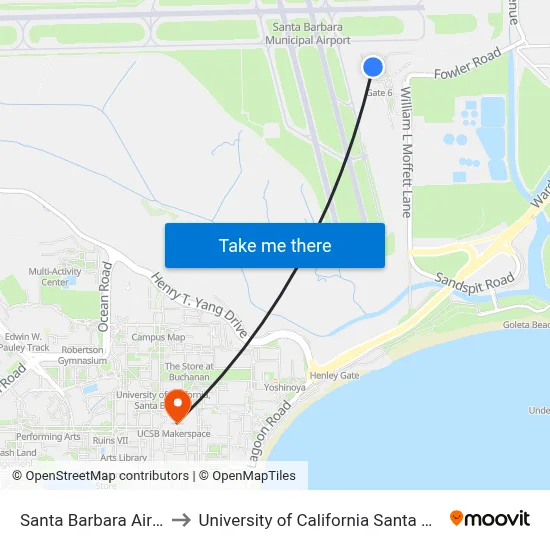 Santa Barbara Airport SBA to University of California Santa Barbara Library map