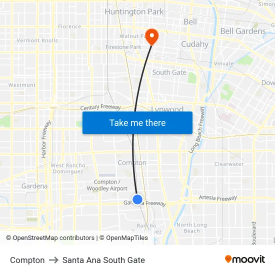 Compton to Santa Ana South Gate map