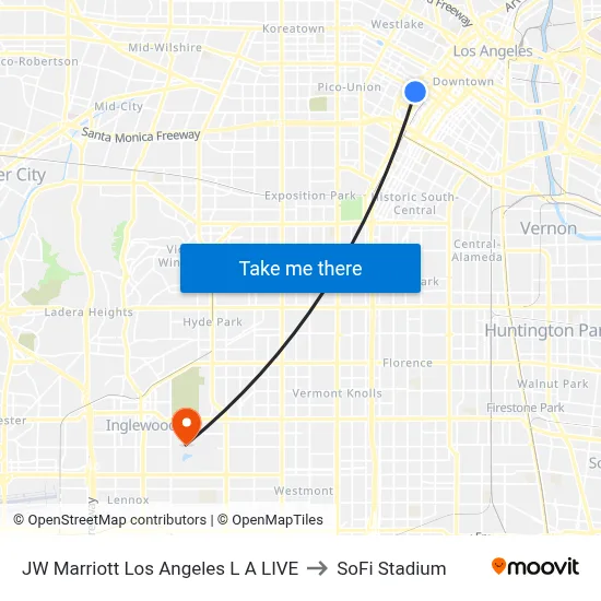 JW Marriott Los Angeles L A LIVE to SoFi Stadium map