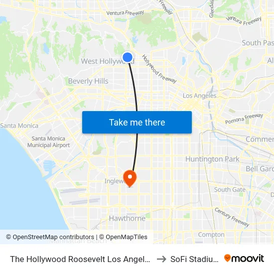 The Hollywood Roosevelt Los Angeles to SoFi Stadium map