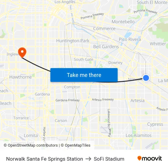 Norwalk Santa Fe Springs Station to SoFi Stadium map