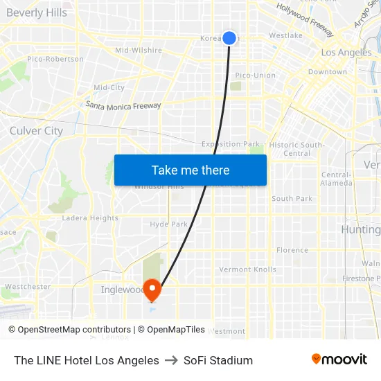 The LINE Hotel Los Angeles to SoFi Stadium map