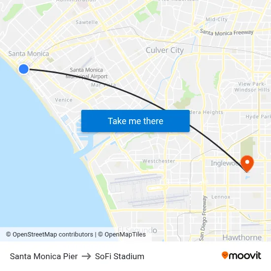 Santa Monica Pier to SoFi Stadium map