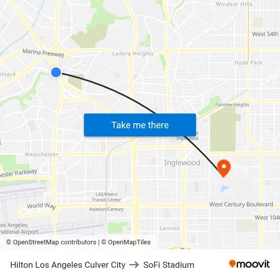 Hilton Los Angeles Culver City to SoFi Stadium map