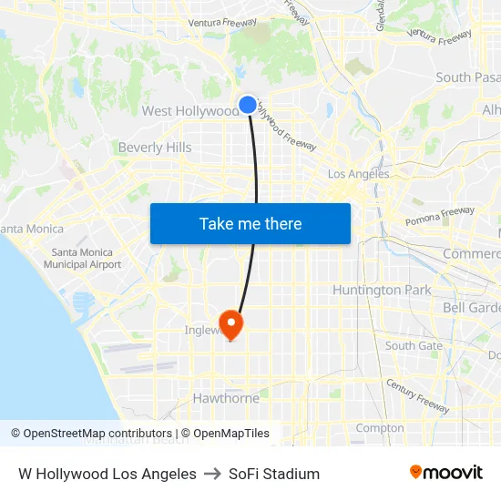 W Hollywood Los Angeles to SoFi Stadium map