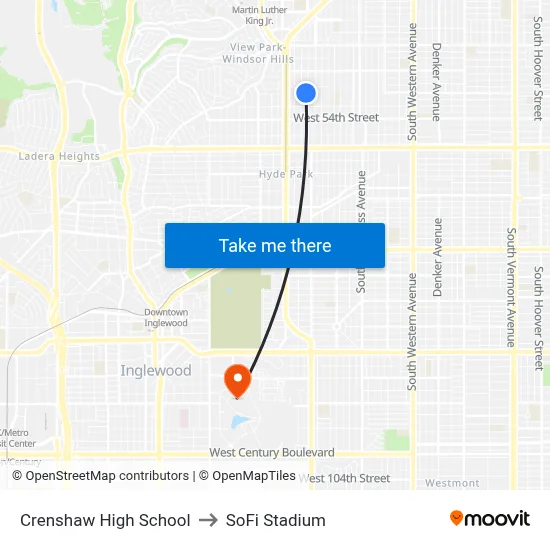 Crenshaw High School to SoFi Stadium map