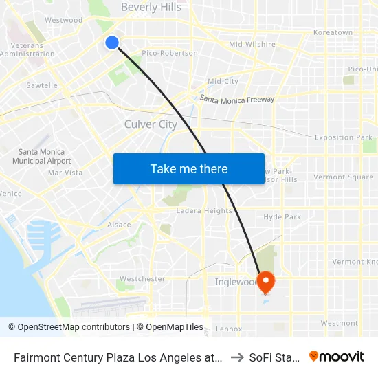 Fairmont Century Plaza Los Angeles at Beverly Hills to SoFi Stadium map