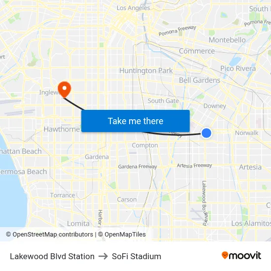 Lakewood Blvd Station to SoFi Stadium map