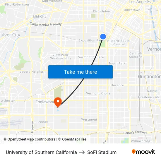 University of Southern California to SoFi Stadium map