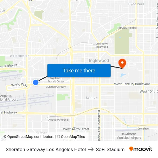 Sheraton Gateway Los Angeles Hotel to SoFi Stadium map