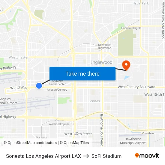 Sonesta Los Angeles Airport LAX to SoFi Stadium map