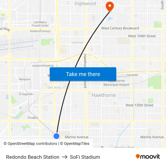 Redondo Beach Station to SoFi Stadium map