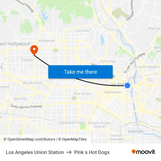 Los Angeles Union Station to Pink s Hot Dogs map