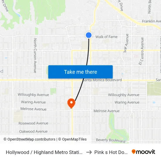 Hollywood / Highland Metro Station to Pink s Hot Dogs map