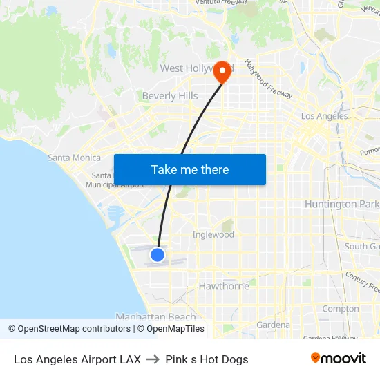 Los Angeles Airport LAX to Pink s Hot Dogs map