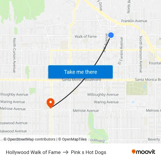 Hollywood Walk of Fame to Pink s Hot Dogs map