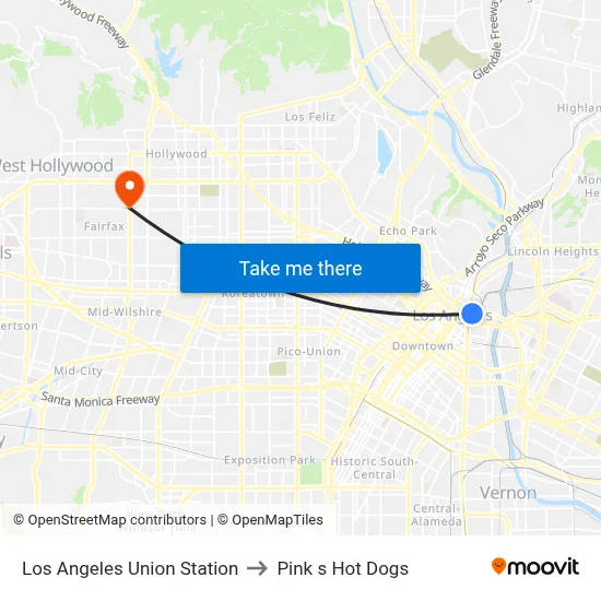 Los Angeles Union Station to Pink s Hot Dogs map