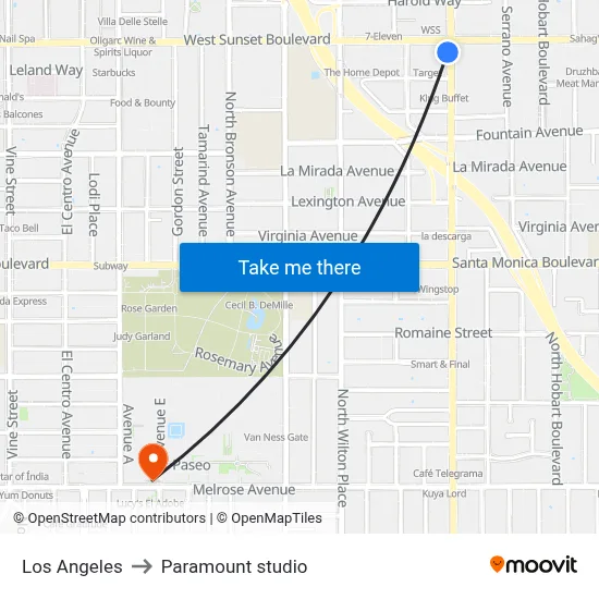Los Angeles to Paramount studio map