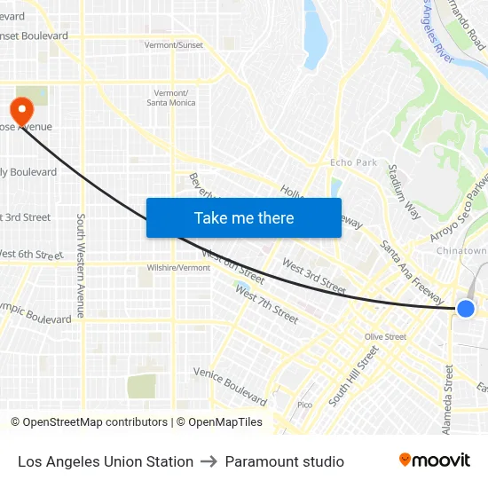 Los Angeles Union Station to Paramount studio map